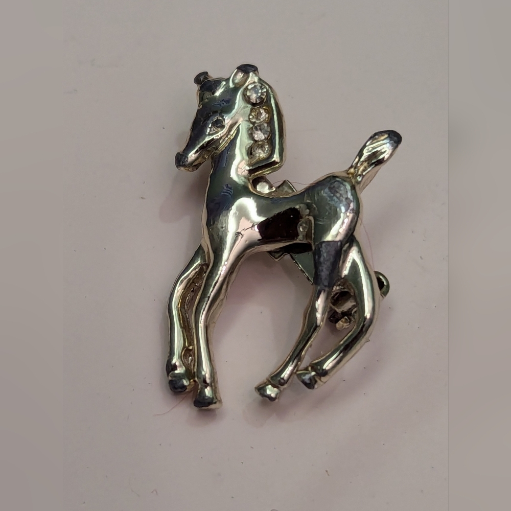 🐎 Vtg Goldtone Foal Colt Pin Brooch Rhinestones 1" Western Horse Lover